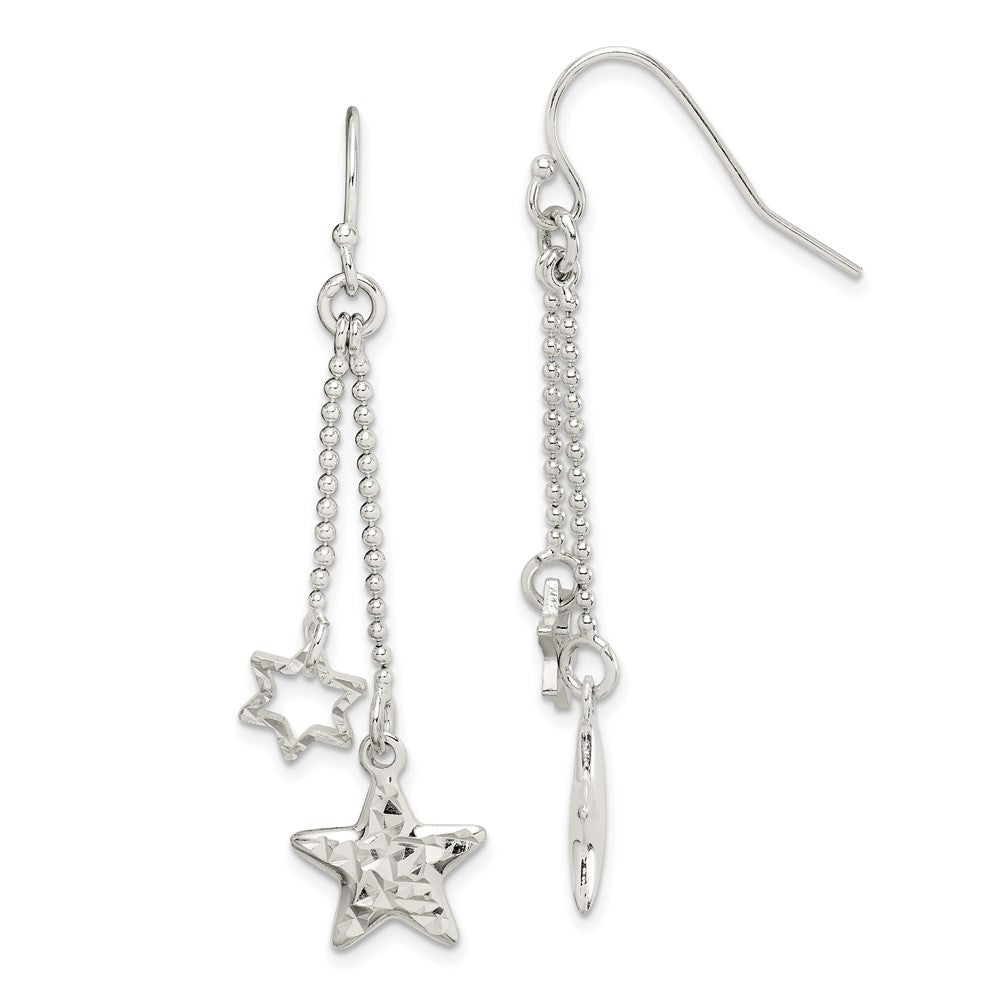 Sterling Silver Diamond-Cut Star Dangle Shepherd Hook Earrings