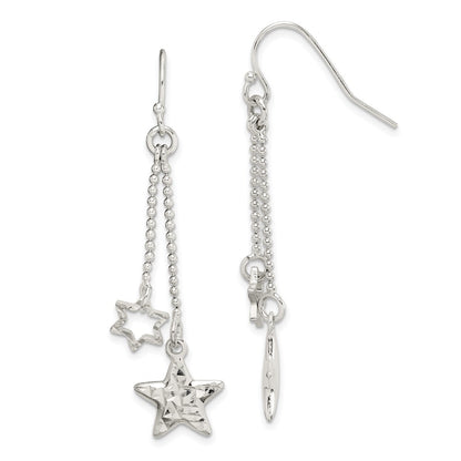 Sterling Silver Diamond-Cut Star Dangle Shepherd Hook Earrings