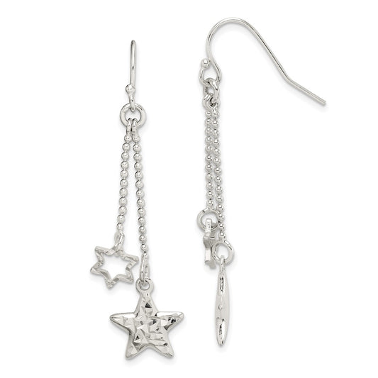 Sterling Silver Diamond-Cut Star Dangle Shepherd Hook Earrings