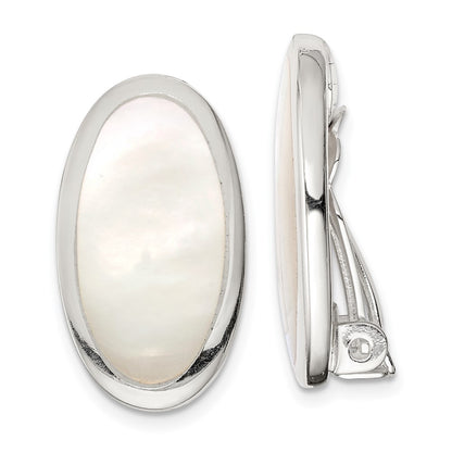 Sterling Silver Rhodium-Plated Polished Mother Of Pearl Oval Non Pierced Earrings