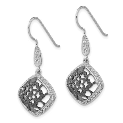 Sterling Silver & Black Rhodium Cz Floral Filigree Dangle Earrings