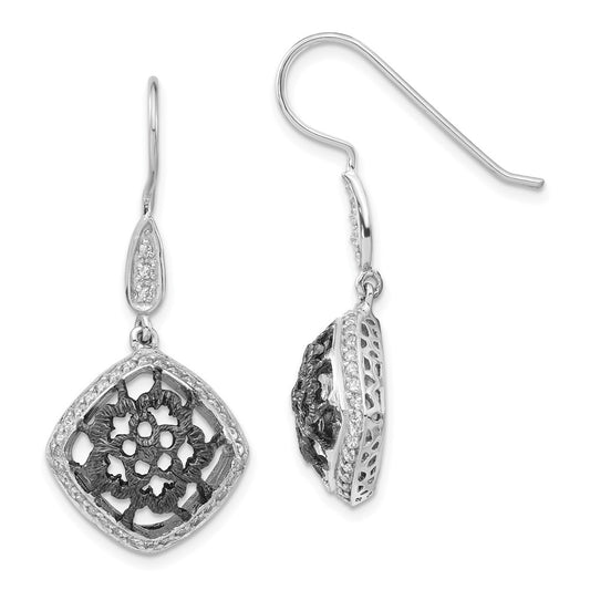 Sterling Silver & Black Rhodium Cz Floral Filigree Dangle Earrings