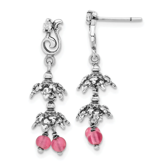 Sterling Silver Antiqued Cz & Glass Beads Post Dangle Earrings