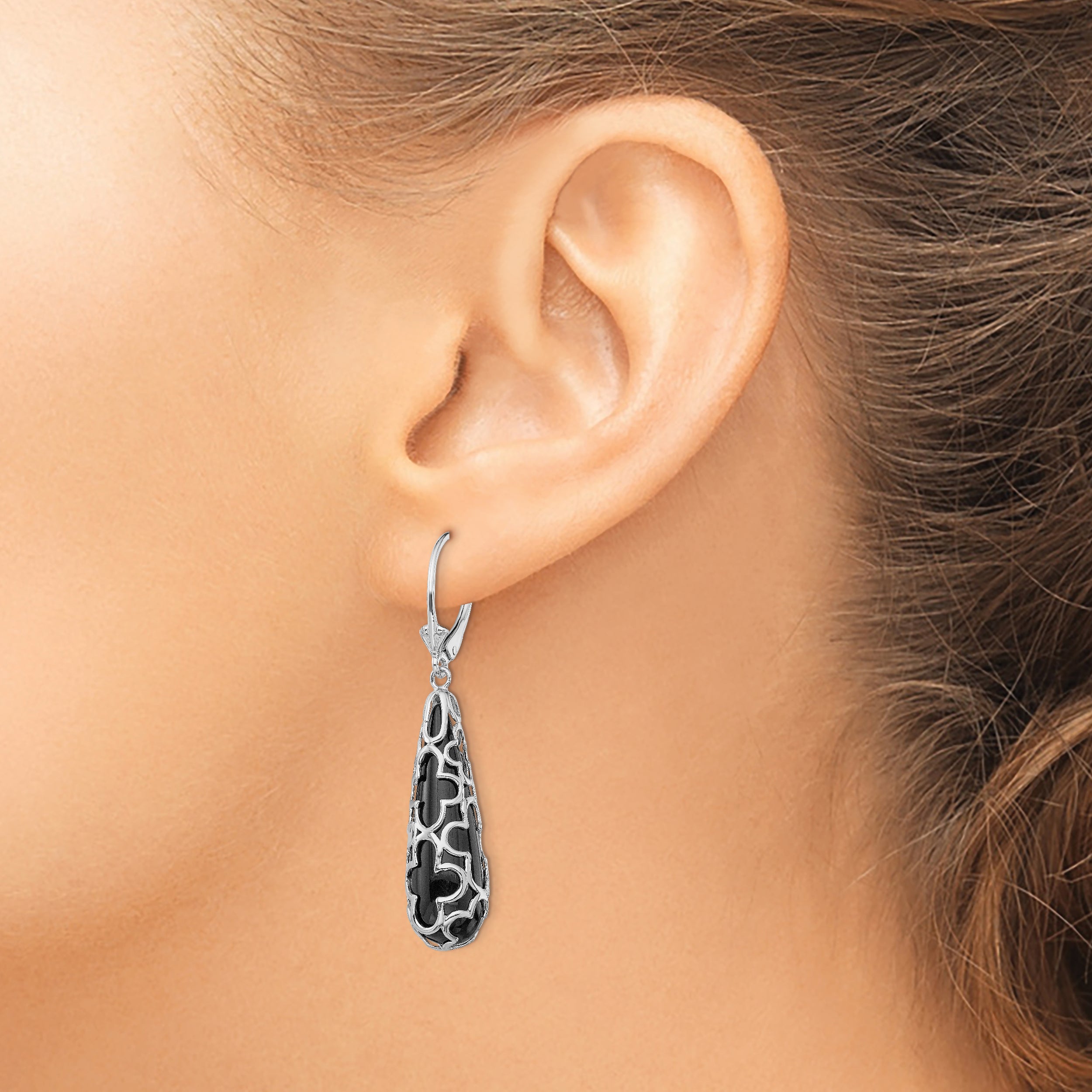 Sterling Silver Rh-Pltd Polished Onyx Teardrop Leverback Dangle Earrings