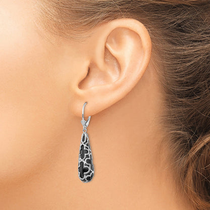 Sterling Silver Rh-Pltd Polished Onyx Teardrop Leverback Dangle Earrings