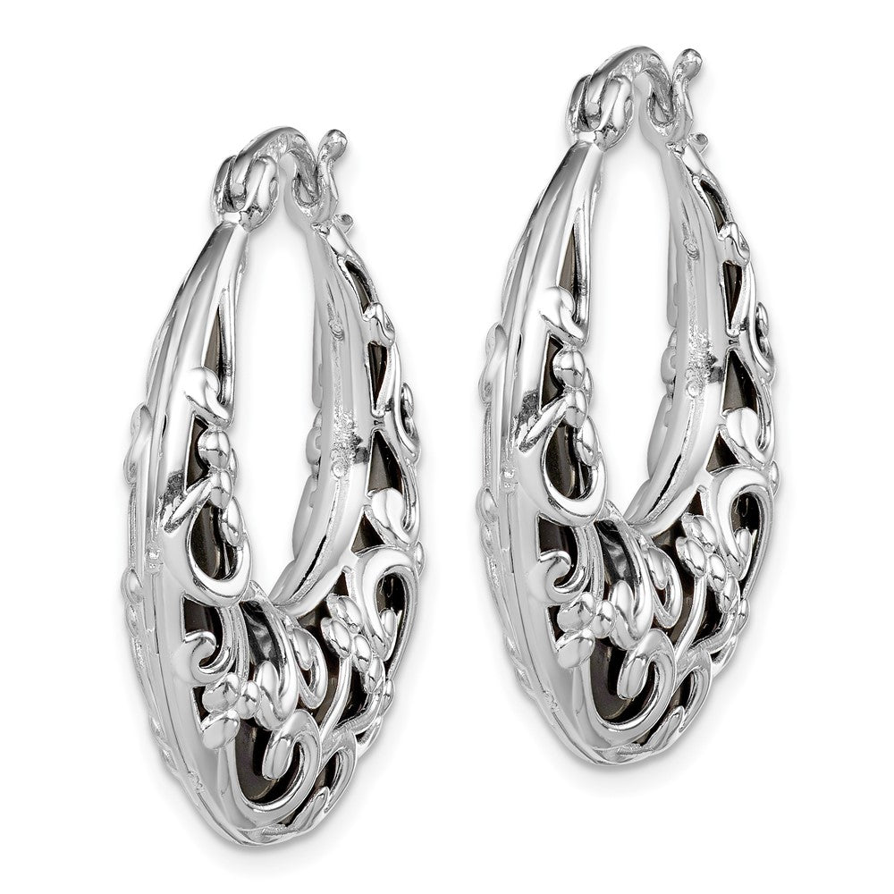 Sterling Silver Rhodium-Plated Polished Onyx Filigree Round Hoop Earrings