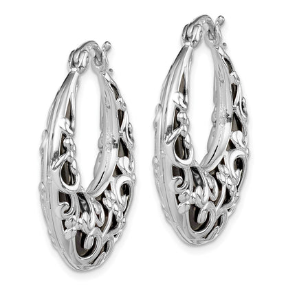 Sterling Silver Rhodium-Plated Polished Onyx Filigree Round Hoop Earrings