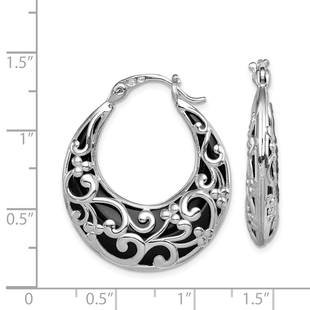Sterling Silver Rhodium-Plated Polished Onyx Filigree Round Hoop Earrings