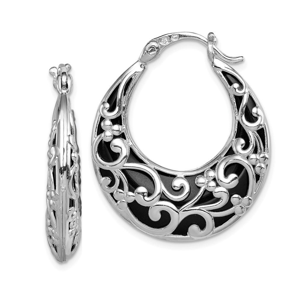 Sterling Silver Rhodium-Plated Polished Onyx Filigree Round Hoop Earrings