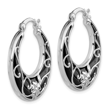 Sterling Silver Rhodium-Plated Polished Onyx Floral Round Hoop Earrings