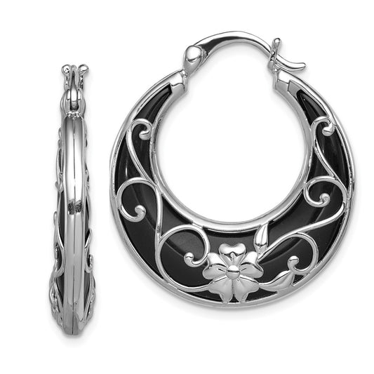 Sterling Silver Rhodium-Plated Polished Onyx Floral Round Hoop Earrings