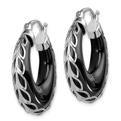 Sterling Silver Rhodium-Plated Polished & D/C Onyx Round Hoop Earrings