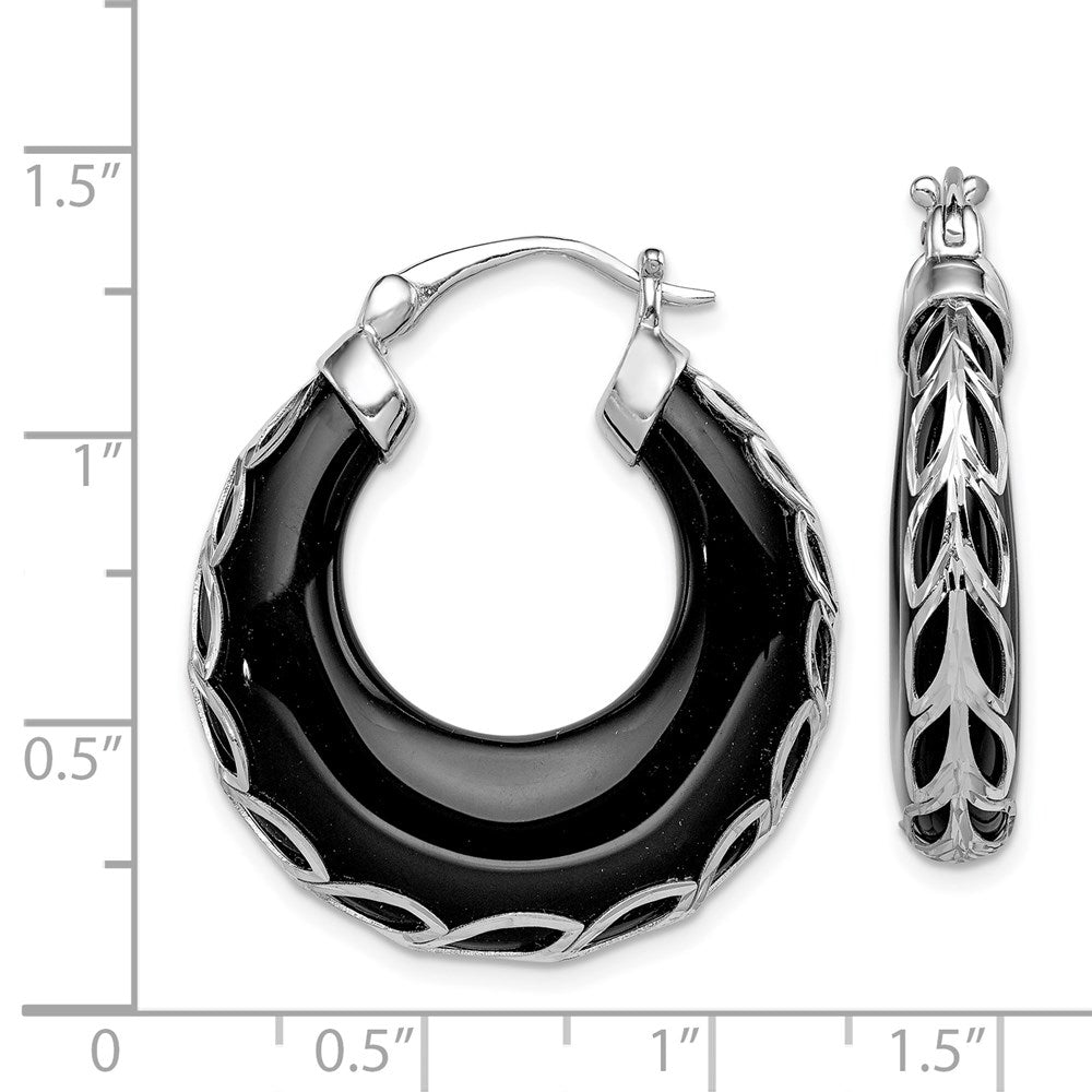 Sterling Silver Rhodium-Plated Polished & D/C Onyx Round Hoop Earrings