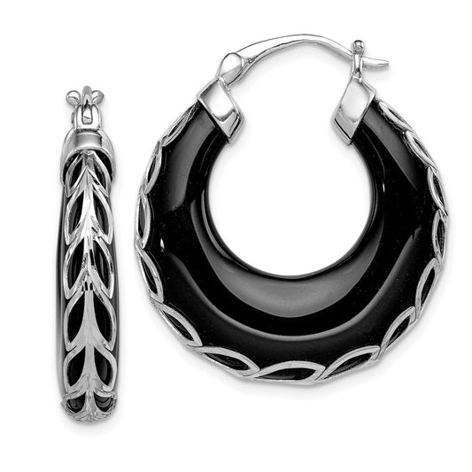 Sterling Silver Rhodium-Plated Polished & D/C Onyx Round Hoop Earrings