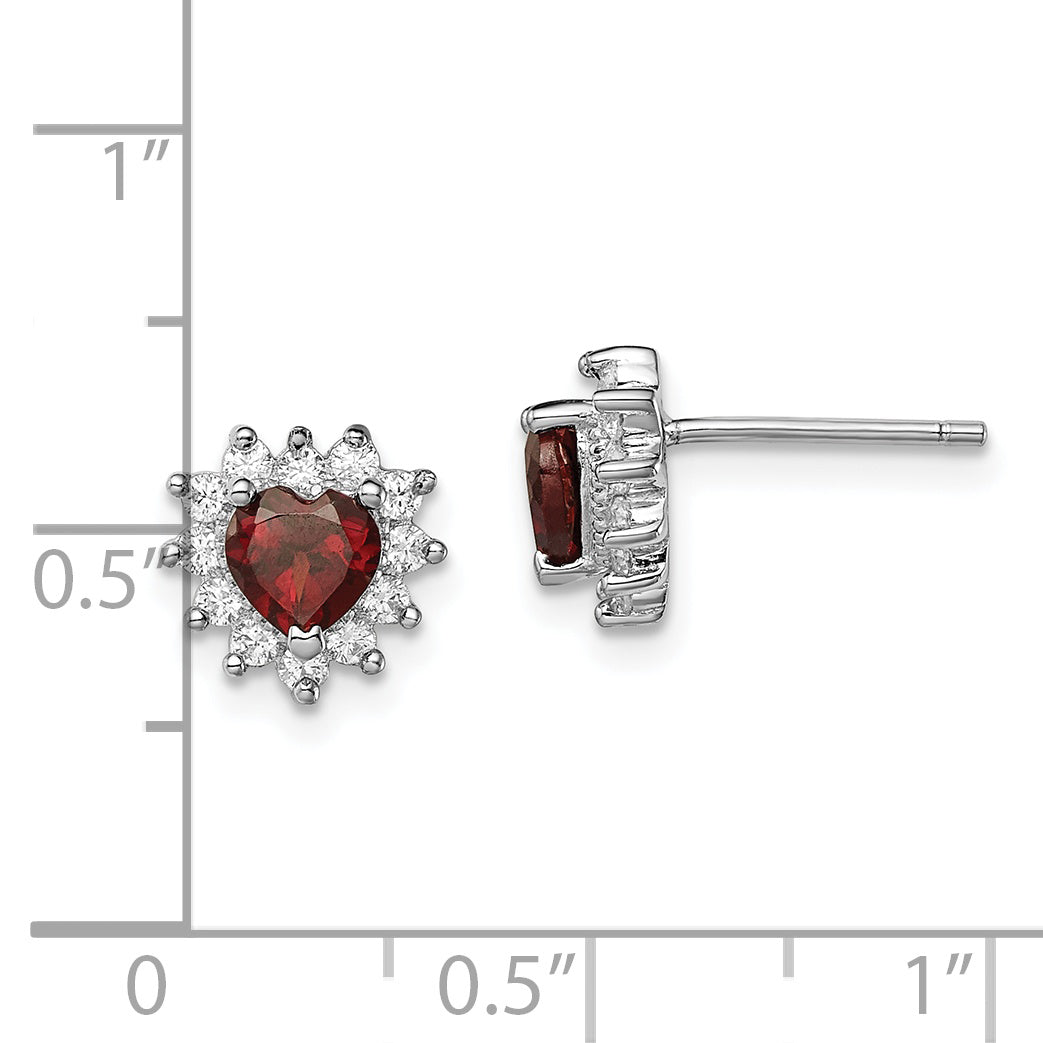 Sterling Silver Rhodium-Plated Garnet And Cz Heart Earrings