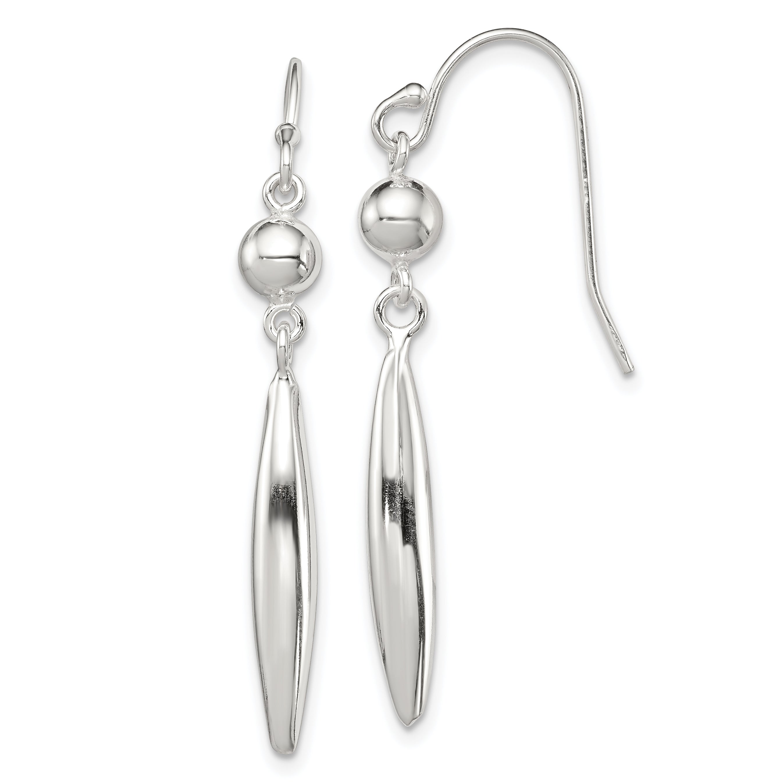 Sterling Silver Polished Bead & Elongated Oval Dangle Earrings