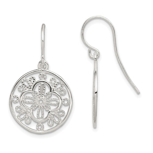Sterling Silver Polished & Textured Filigree Circle Dangle Earrings