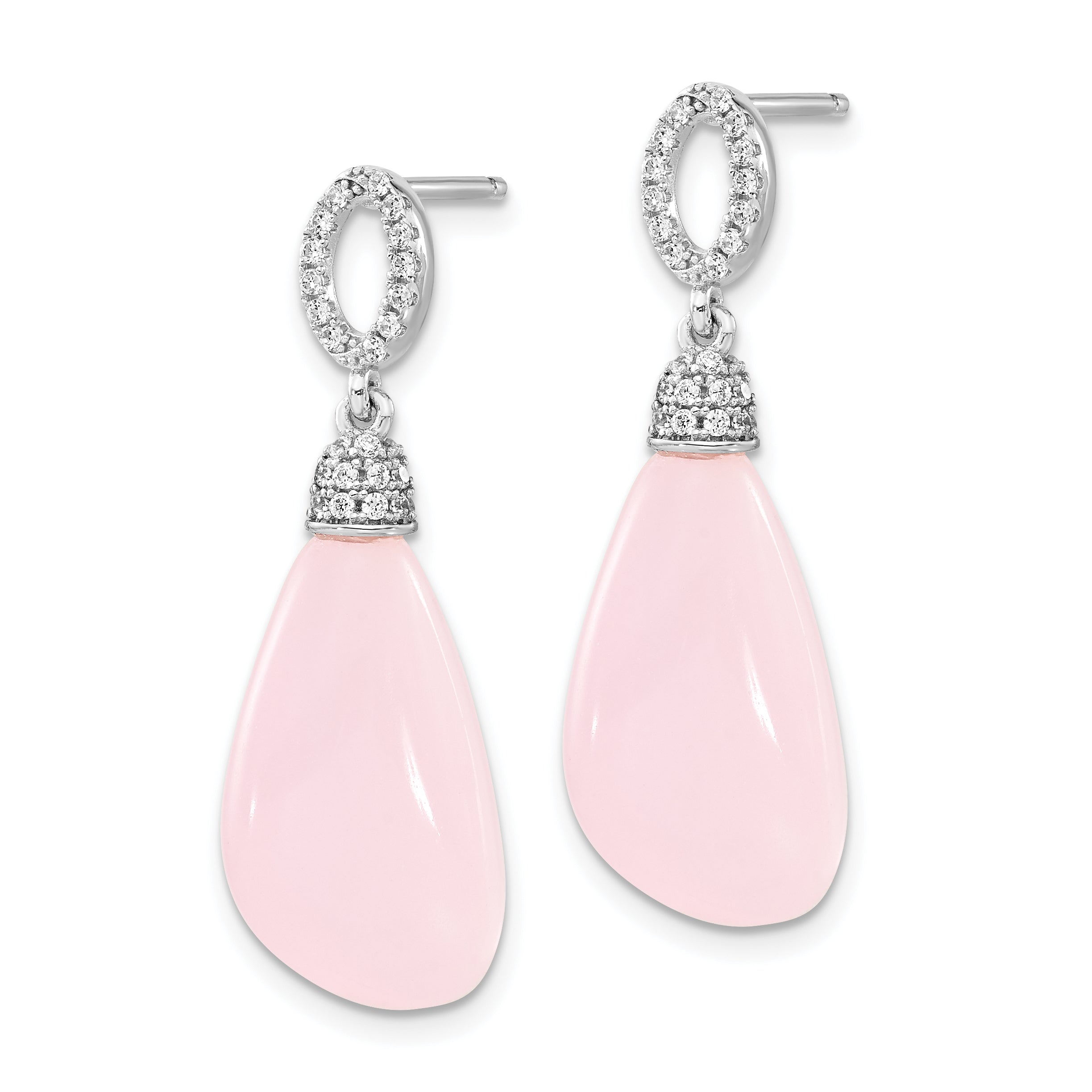Sterling Silver Polished Cz & Pink Glass Post Dangle Earrings