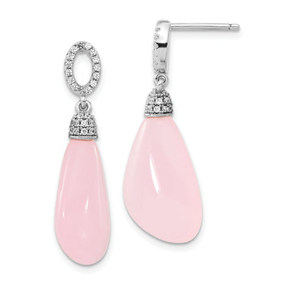 Sterling Silver Polished Cz & Pink Glass Post Dangle Earrings