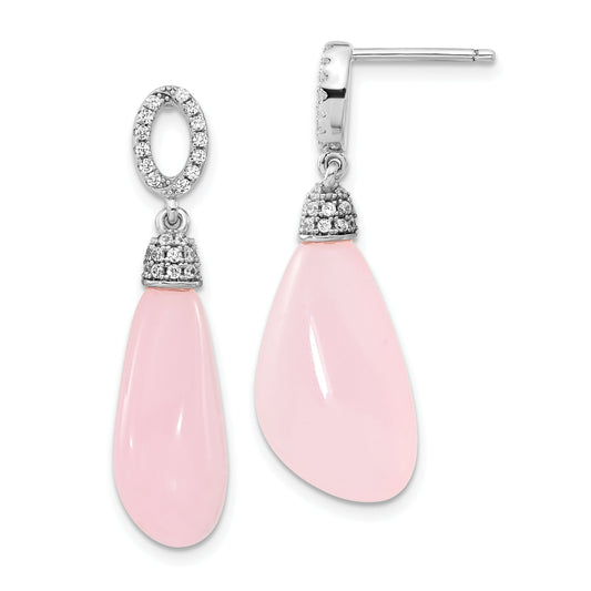 Sterling Silver Polished Cz & Pink Glass Post Dangle Earrings