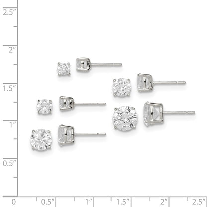 Sterling Silver Polished Round Cz 5-Pair Post Earrings Set