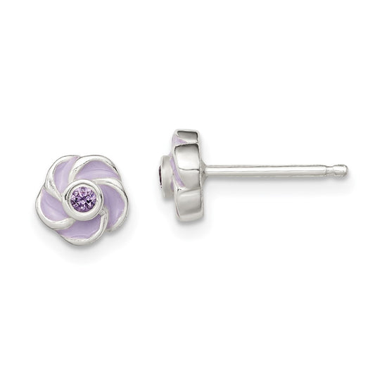 Sterling Silver Polished Purple Cz Enamel Flower Post Earrings