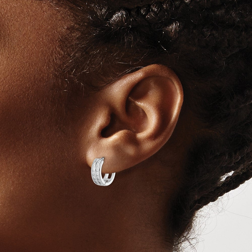 Sterling Silver Polished Rhodium-Plated Hinged Hoop Earrings