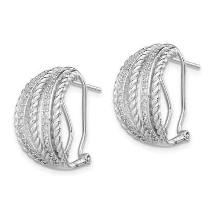 Sterling Silver Rh-Plated Polished Rope Cz Omega Back C-Hoop Earrings