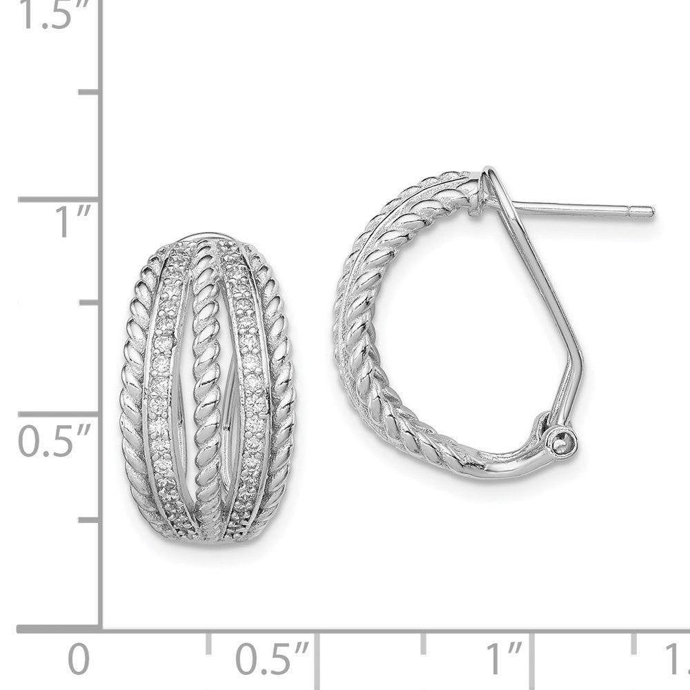 Sterling Silver Rh-Plated Polished Rope Cz Omega Back C-Hoop Earrings