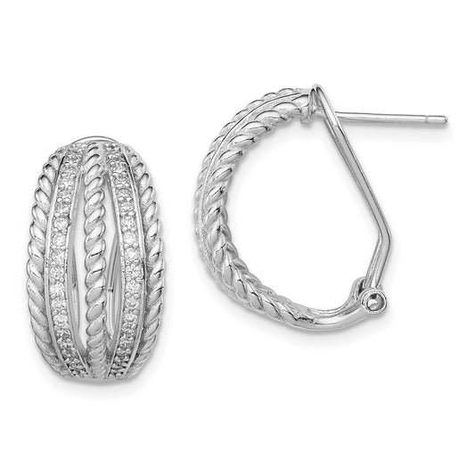 Sterling Silver Rh-Plated Polished Rope Cz Omega Back C-Hoop Earrings