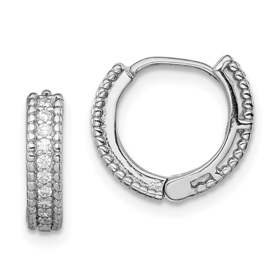 Sterling Silver Rhodium-Plated Polished Cz Hinged Hoop Earrings