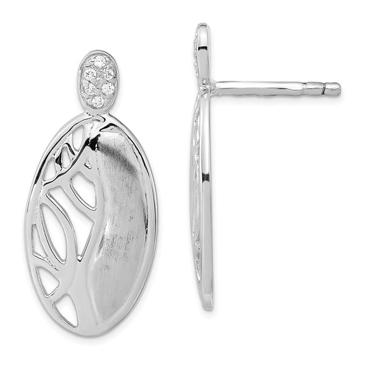 Sterling Silver Polished & Satin Cz Oval Post Earrings