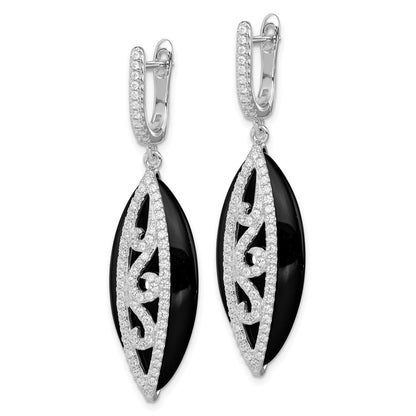 Sterling Silver Rhodium-Plated Cz And Onyx Hinged Hoop Earrings