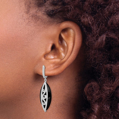 Sterling Silver Rhodium-Plated Cz And Onyx Hinged Hoop Earrings