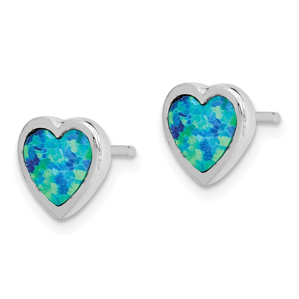 Sterling Silver Rhodium-Plated 9mm Blue Created Opal Heart Post Earrings
