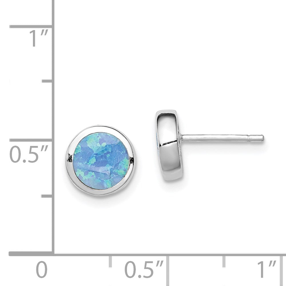 Sterling Silver Rh-Plated Polished Blue Created Opal Round Stud Earrings