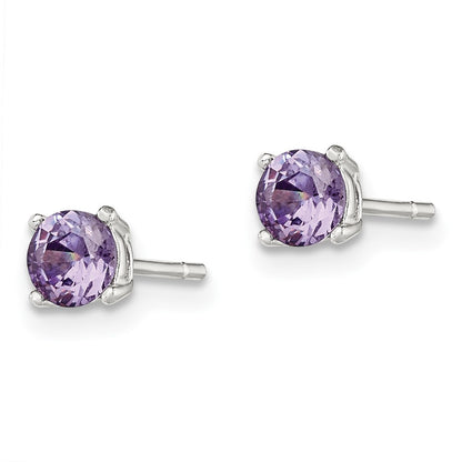 Sterling Silver Polished Round 4mm Purple Cz Stud Earrings