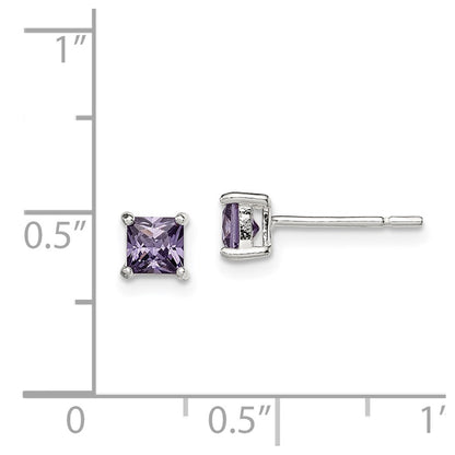 Sterling Silver Polished Square 4mm Purple Cz Stud Earrings