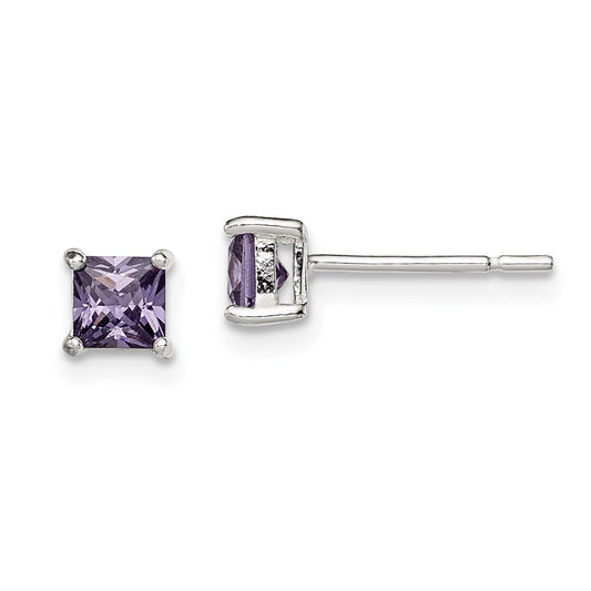 Sterling Silver Polished Square 4mm Purple Cz Stud Earrings