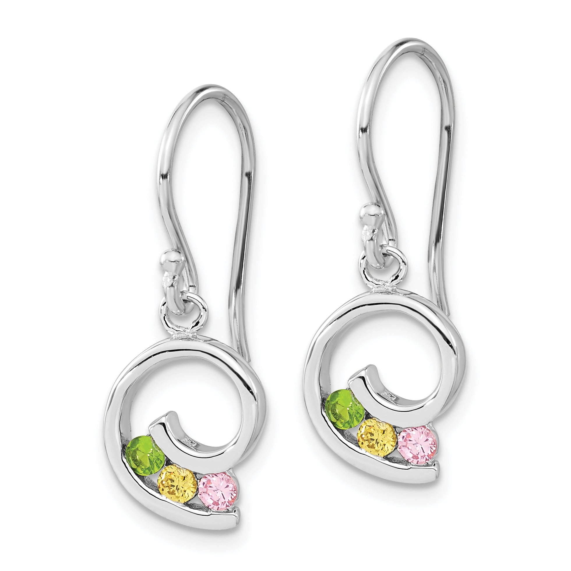 Sterling Silver Polished Green,Yellow & Pink Cz Swirl Dangle Earrings