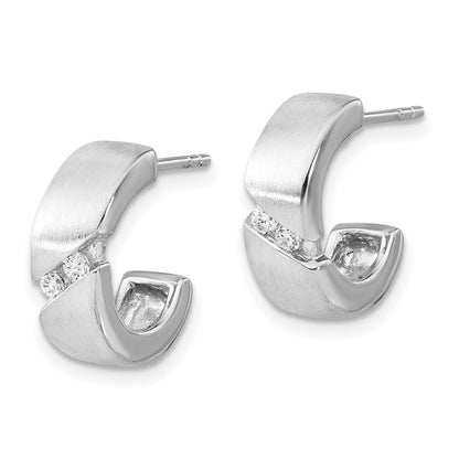 Sterling Silver Polished & Brushed Cz Post Hoop Earrings