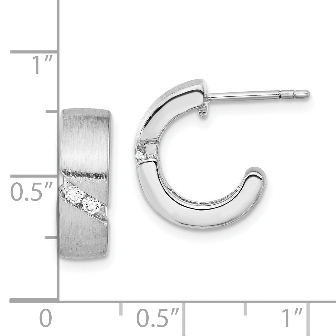 Sterling Silver Polished & Brushed Cz Post Hoop Earrings