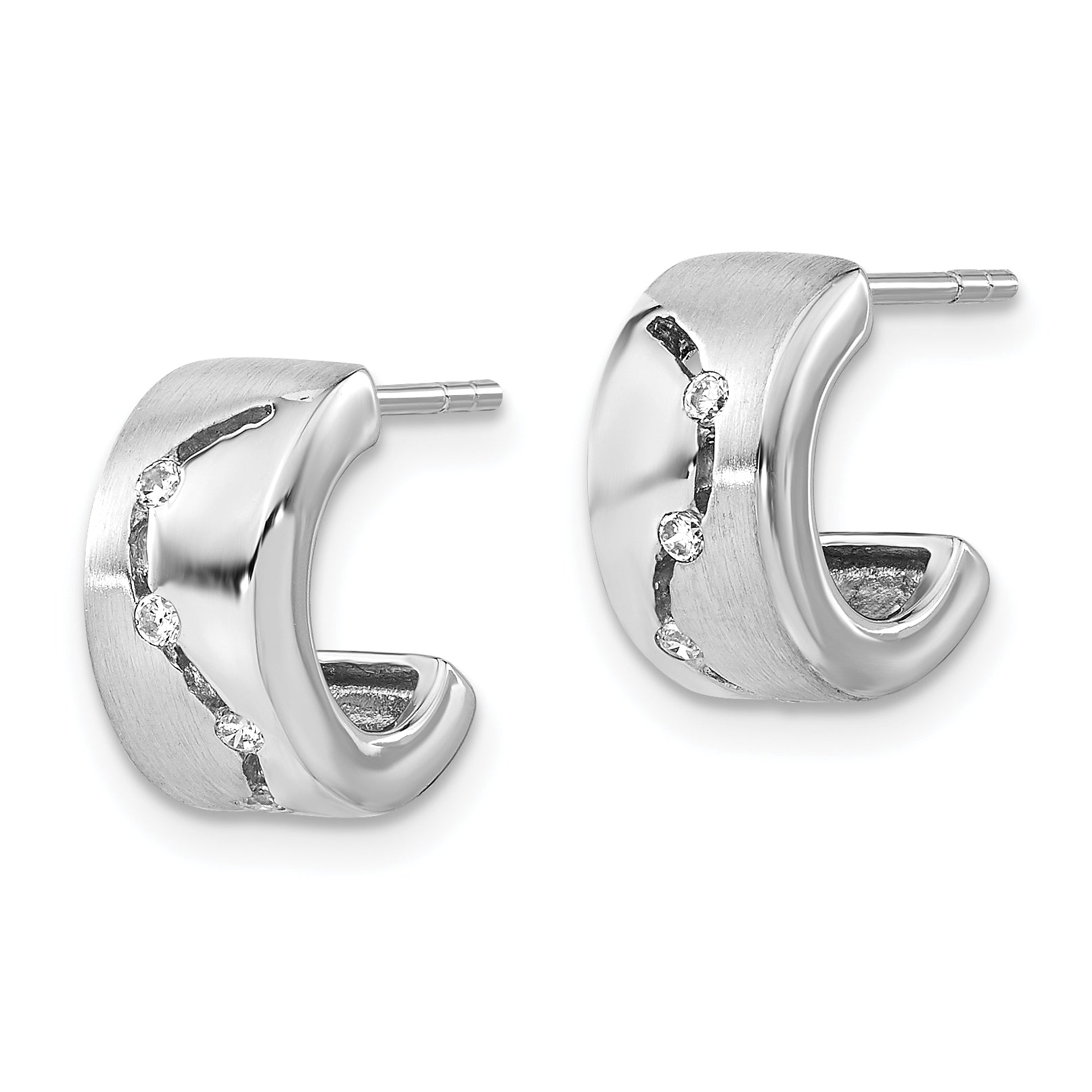 Sterling Silver Brushed & Polished Cz Post C-Hoop Earrings