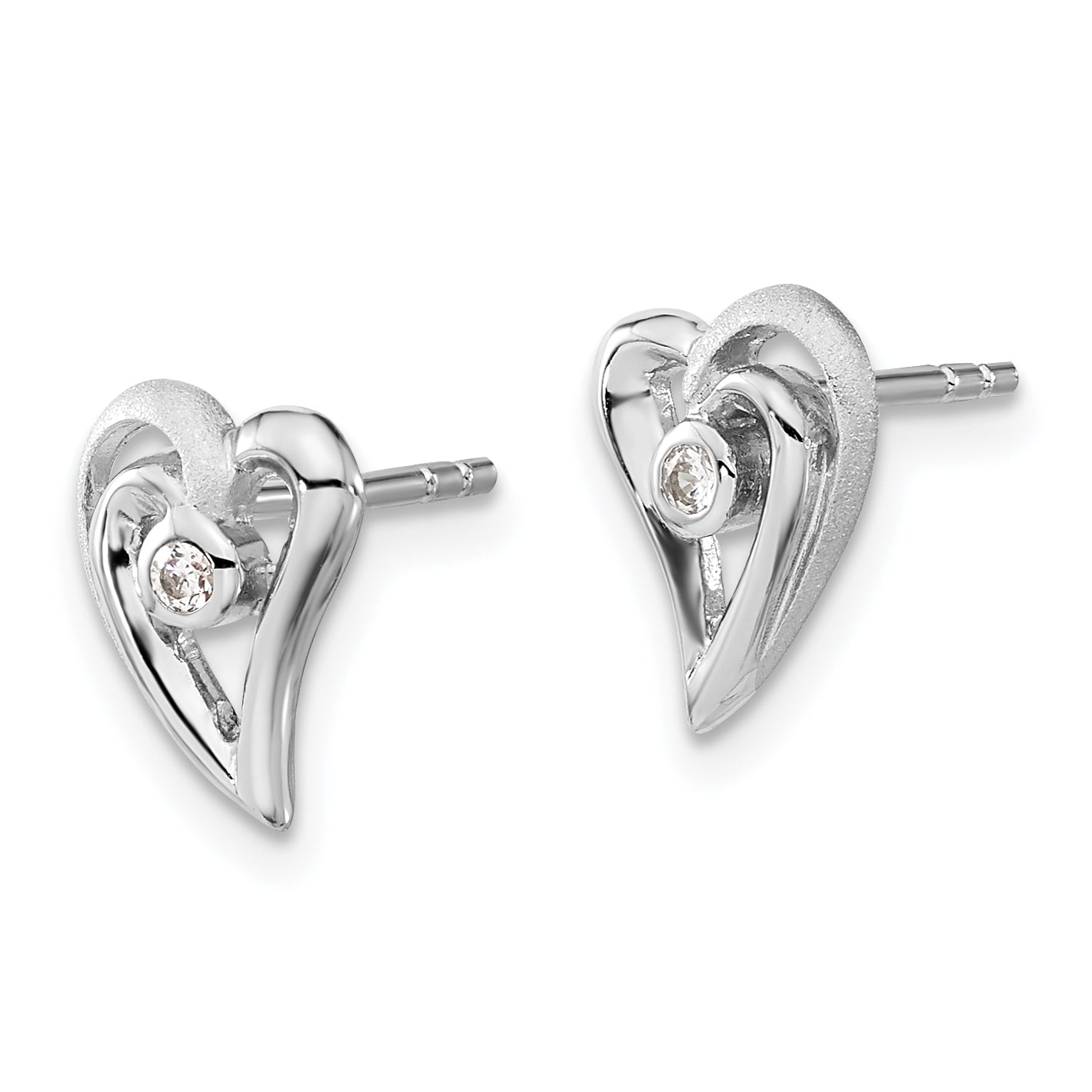 Sterling Silver Polished And Satin Cz Heart Post Earrings