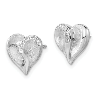 Sterling Silver Polished & Textured Cz Heart Post Earrings