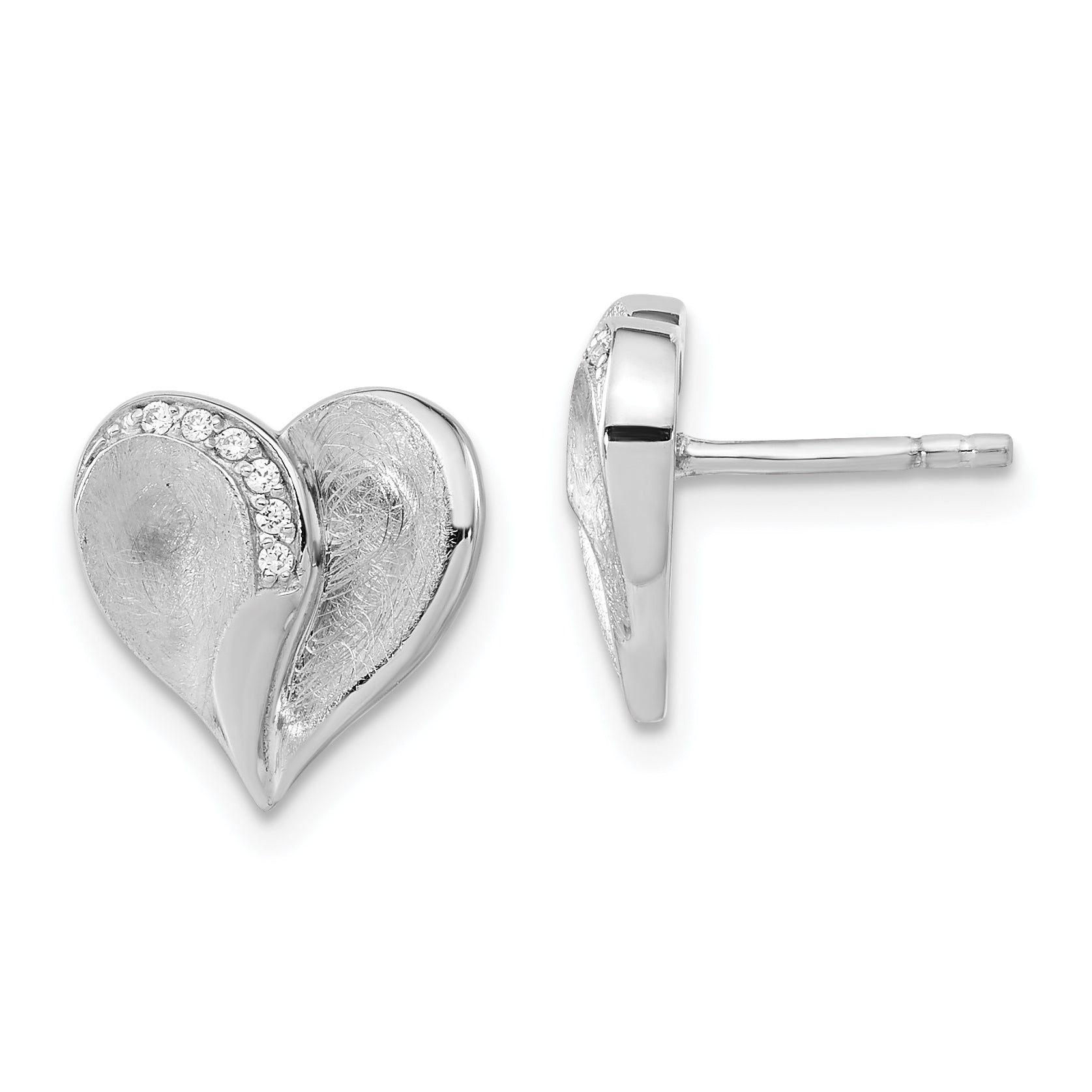 Sterling Silver Polished & Textured Cz Heart Post Earrings
