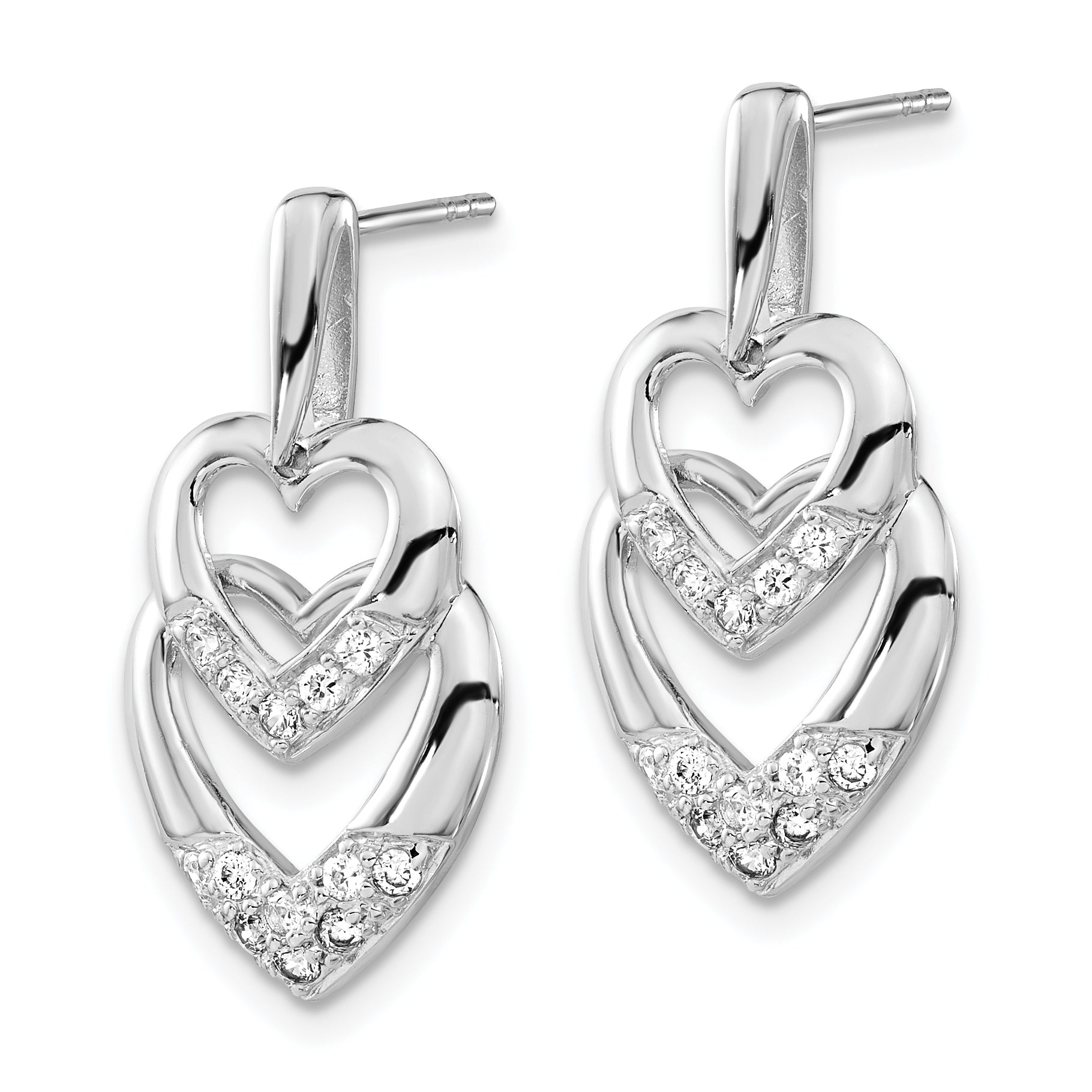 Sterling Silver Polished Cz Double Heart Post Dangle Earrings