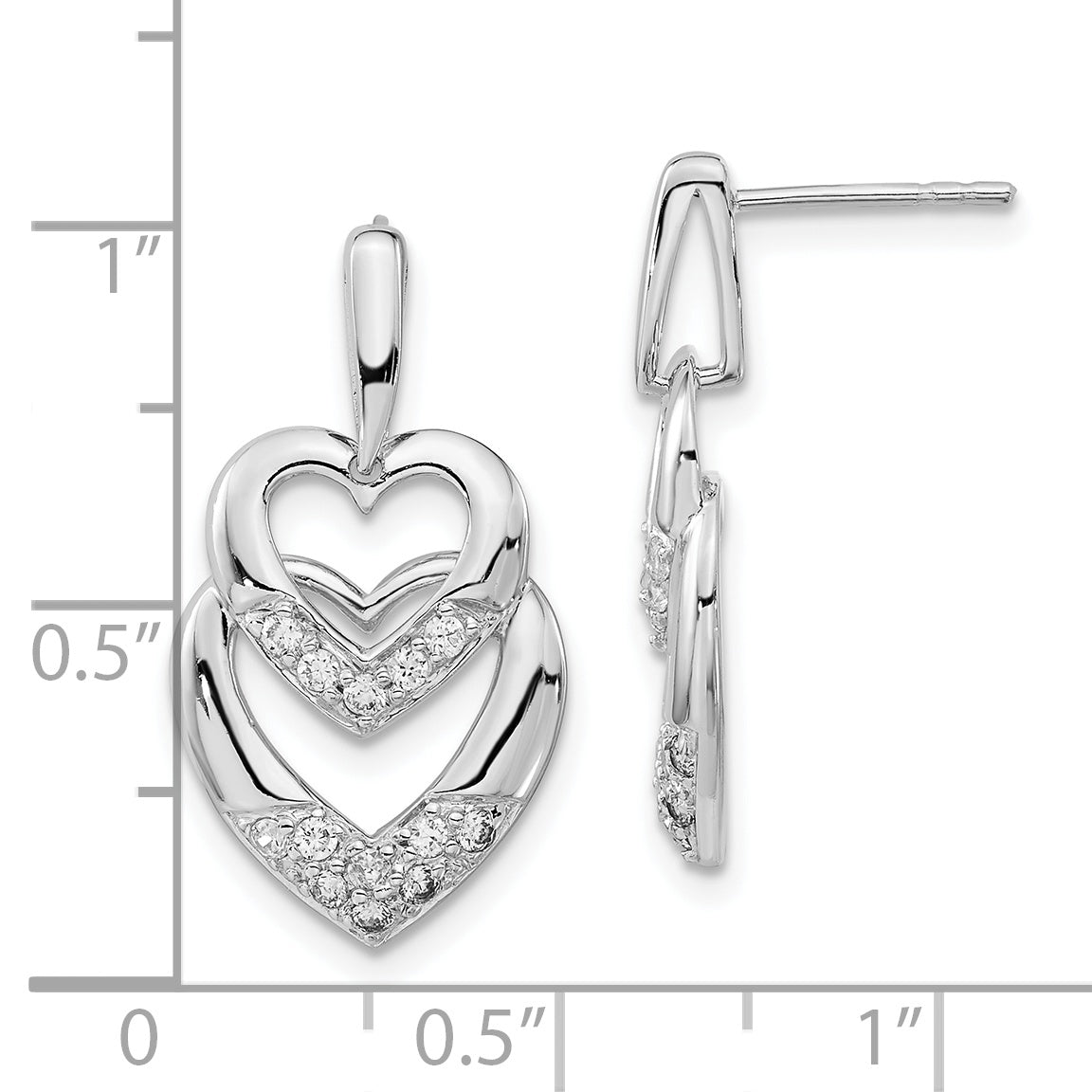 Sterling Silver Polished Cz Double Heart Post Dangle Earrings