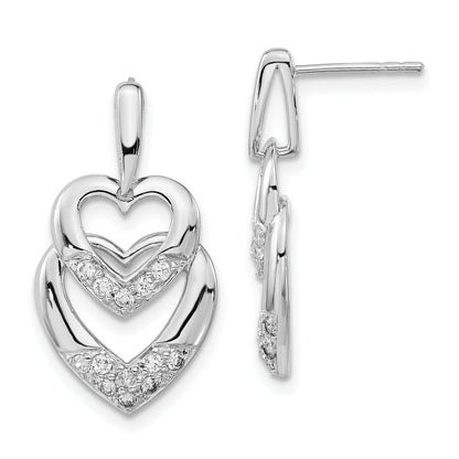 Sterling Silver Polished Cz Double Heart Post Dangle Earrings