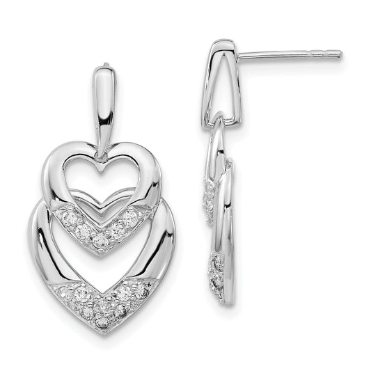 Sterling Silver Polished Cz Double Heart Post Dangle Earrings